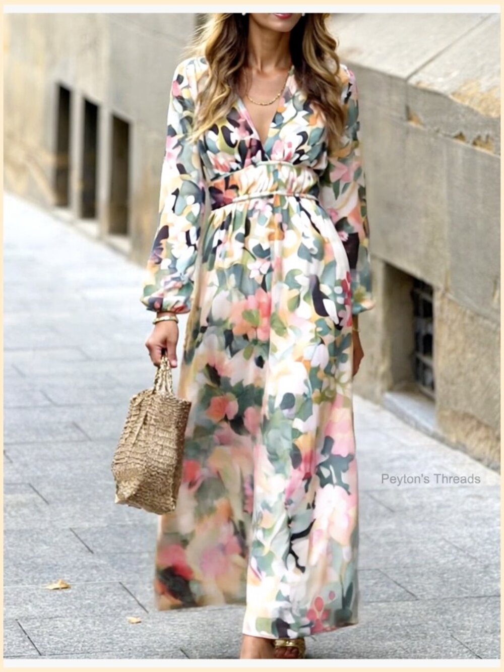 Elegant Wedding Guest Maxi Dress Long Sleeve V-Neck Puff Sleeve Boho Flowy - Picture 7 of 7